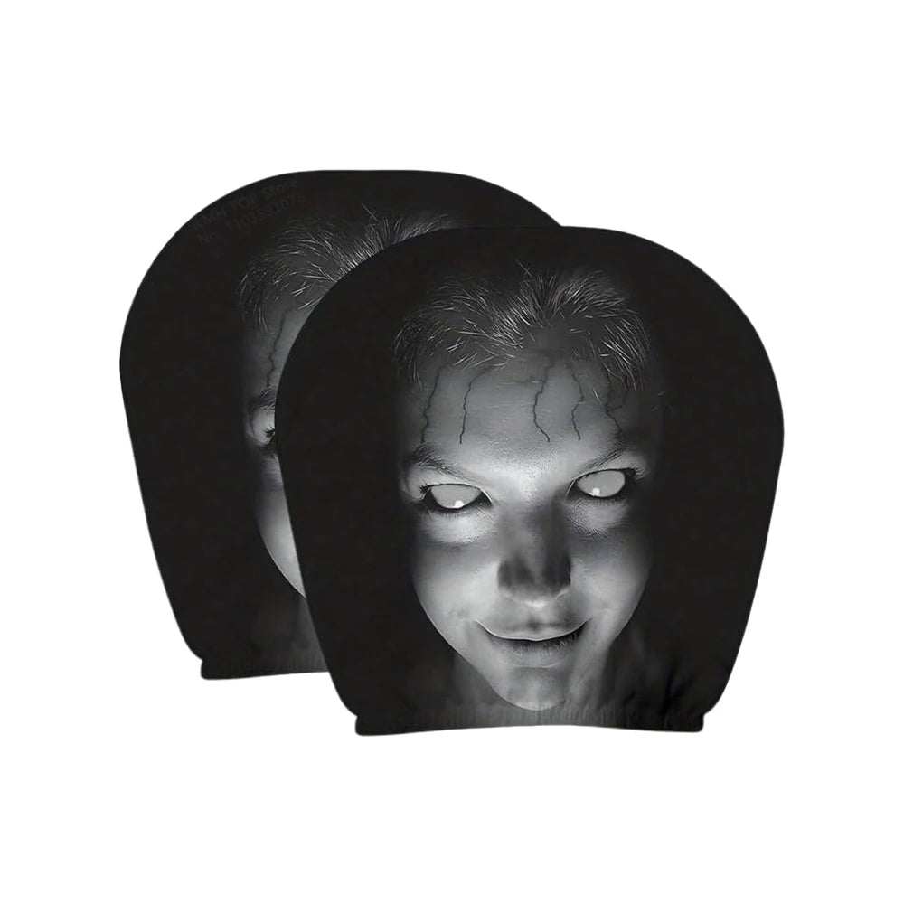 Aoifn Ghost Face Car Headrest Covers, black fabric pair with eerie grayscale faces, hollow eyes and dark hair print