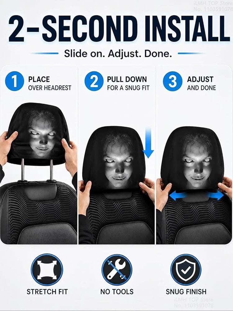 Aoifn Ghost Face Car Headrest Covers show a black polyester cover with a grayscale horror face print and a stretchy fit.