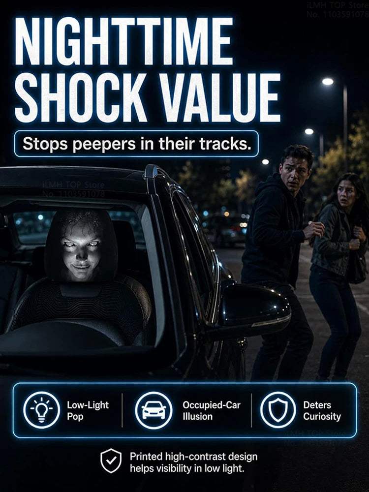 Aoifn Ghost Face Car Headrest Covers feature a black fabric cover with a high-contrast white ghost face print, glowing in the dark.