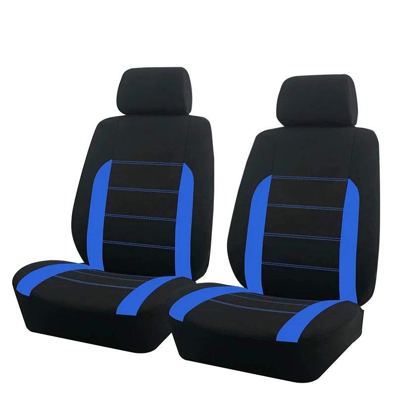 AUTO PLUS Universal Fabric car seat covers in black polyester with vivid blue side panels and stitched center detailing
