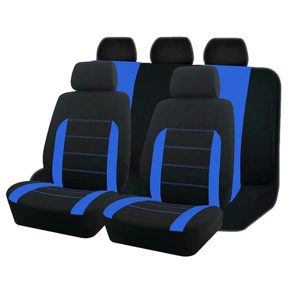 AUTO PLUS Universal Fabric car seat covers in black polyester with bold blue panels, striped inserts and matching headrest covers