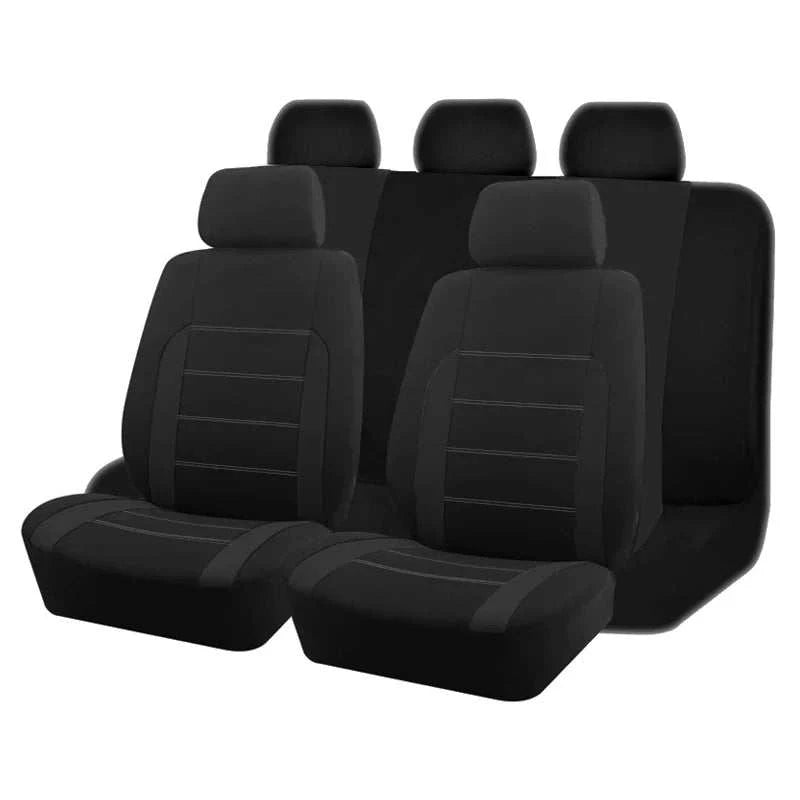 AUTO PLUS Universal Fabric car seat covers in black polyester with subtle horizontal stitched panels and matching headrest covers
