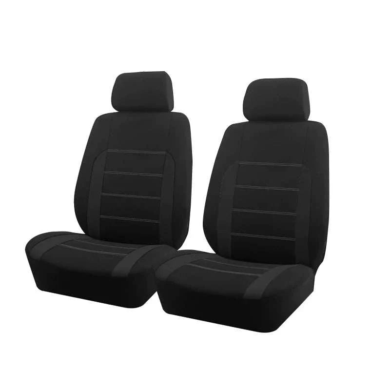 AUTO PLUS Universal Fabric car seat covers in black polyester with subtle horizontal stitched panels and matching headrest covers