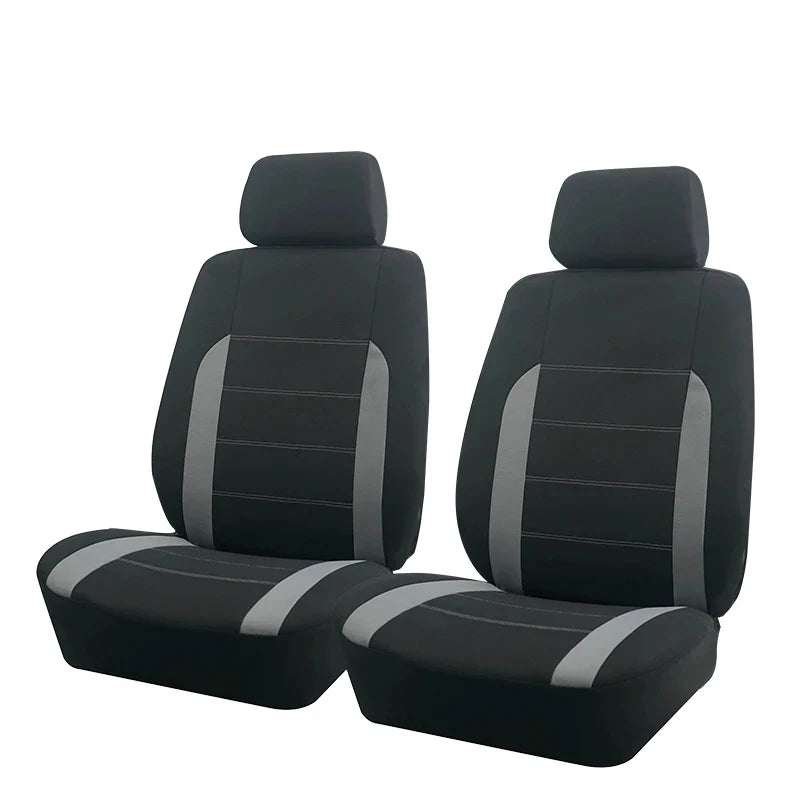 AUTO PLUS Universal Fabric car seat covers in black polyester with gray side panels and stitched horizontal center stripes