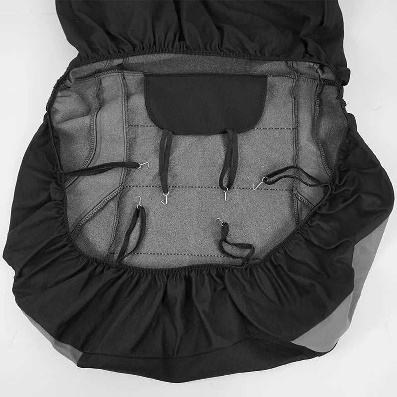 AUTO PLUS Universal Fabric car seat cover in black and gray polyester with elastic edges and fastening hooks
