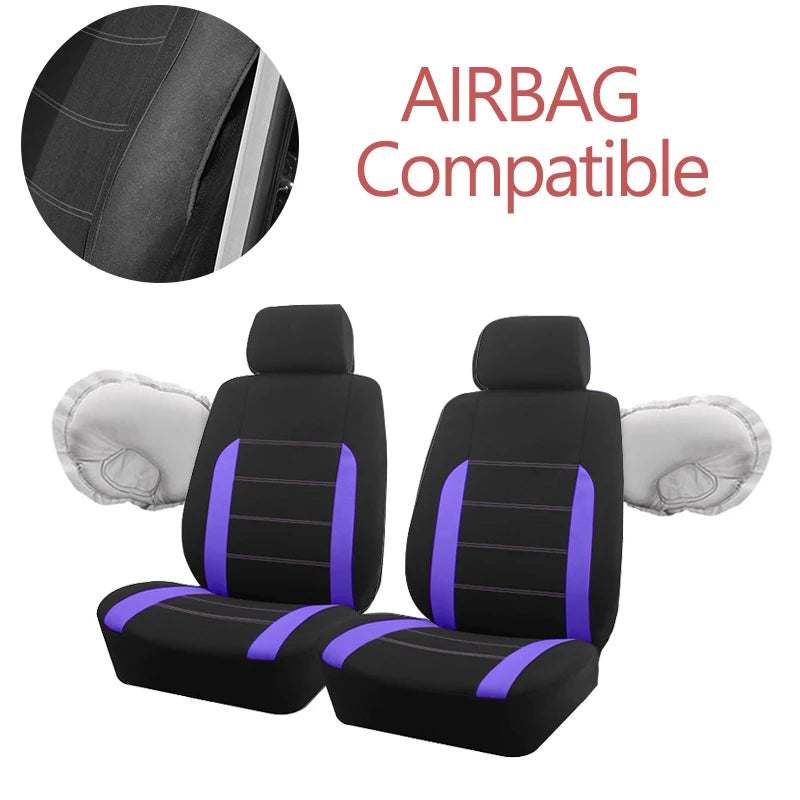 AUTO PLUS Universal Fabric car seat covers in black polyester with purple side panels and stitched center sections, airbag compatible
