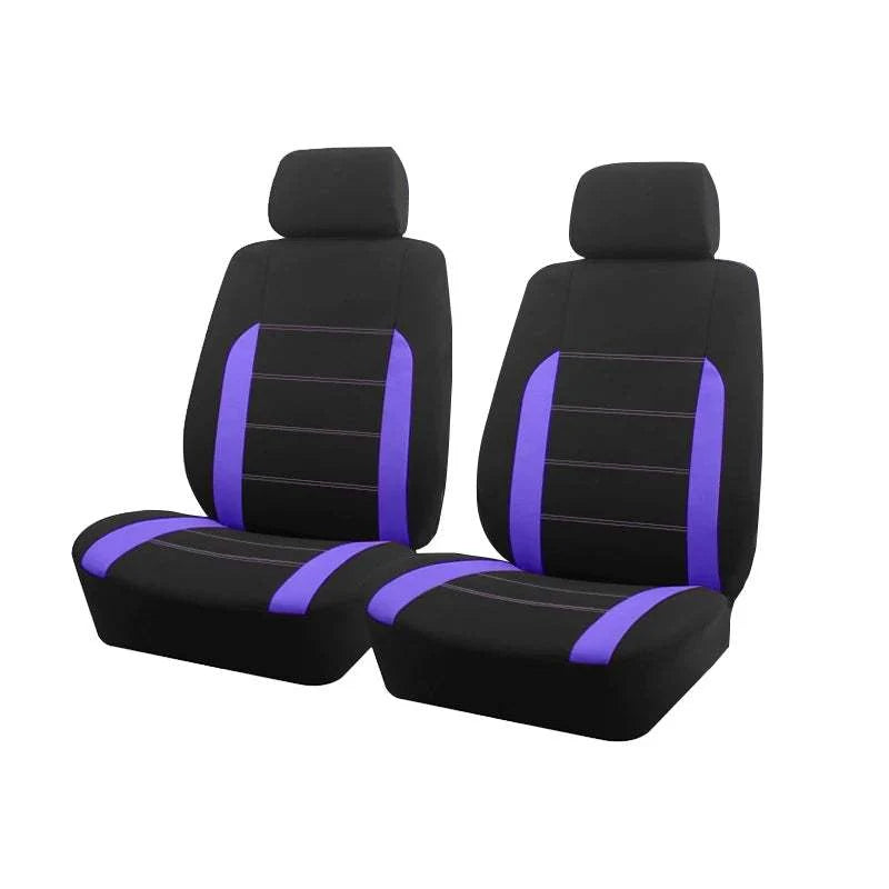 AUTO PLUS Universal Fabric car seat covers in black polyester with purple side panels and horizontal stitched accents