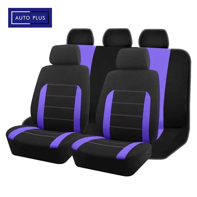 AUTO PLUS Universal Fabric car seat covers in black polyester with bold purple side panels and matching striped seat accents