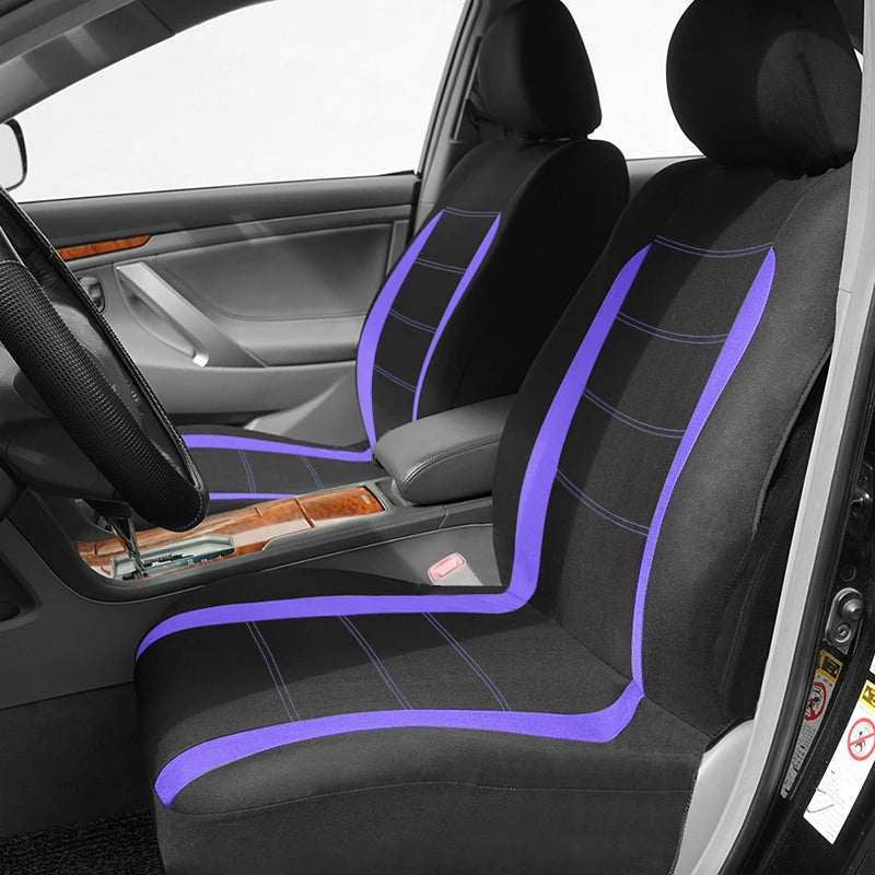 AUTO PLUS Universal Fabric car seat covers in black polyester with vivid purple piping and stitched panel accents