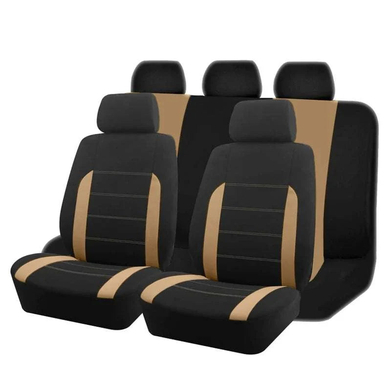 AUTO PLUS Universal Fabric car seat covers in black polyester with tan side panels, stitched front sections and matching headrests