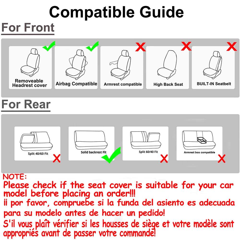 AUTO PLUS Universal Fabric car seat cover compatibility guide showing supported front headrests and rear seat designs