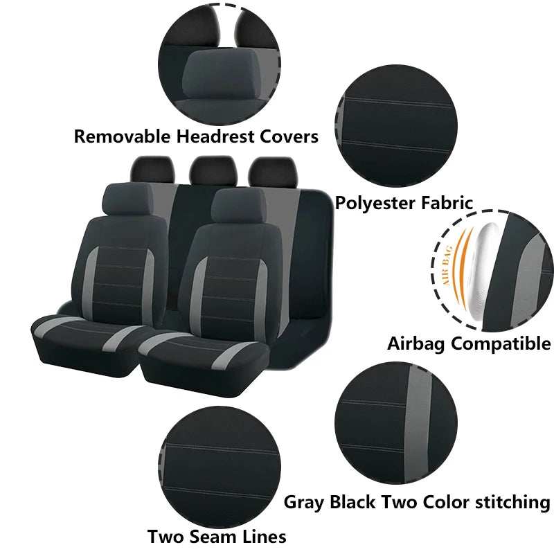 AUTO PLUS Universal Fabric car seat covers in gray and black polyester with two seam lines, headrest covers and airbag-compatible design