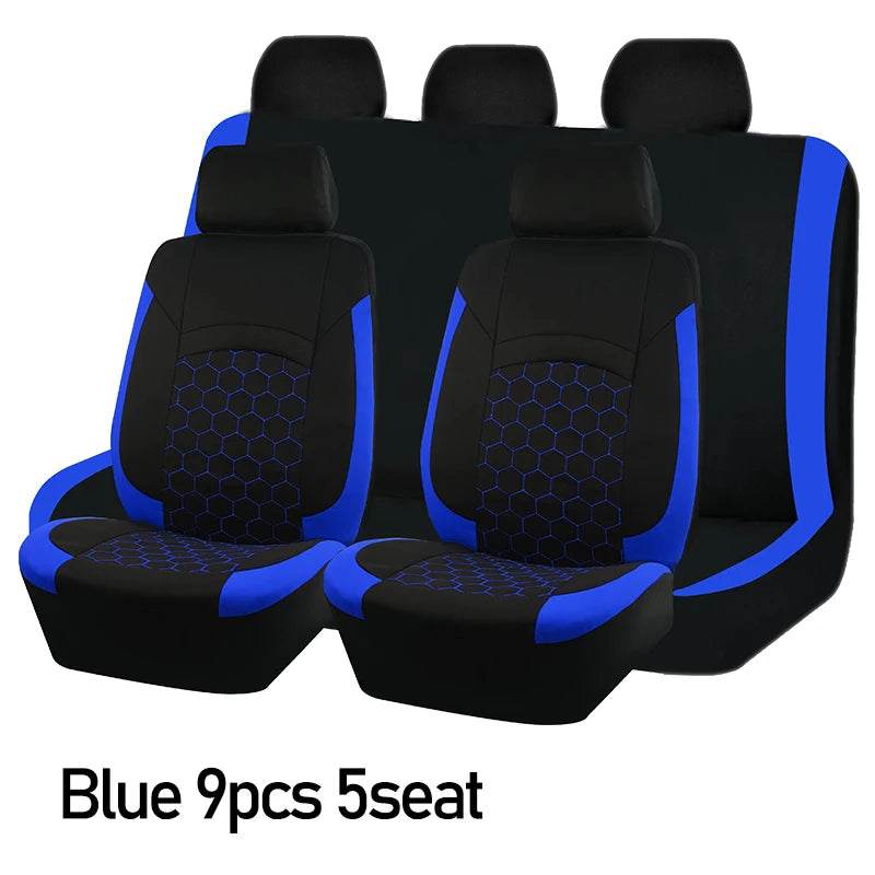 AUTOKING Universal Polyester car seat covers in black fabric with vivid blue trim and hexagon embroidery, shown as a multi-piece set