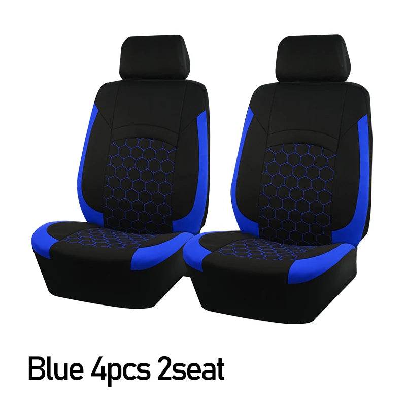 AUTOKING Universal Polyester car seat covers in black with vivid blue side panels and hexagon embroidery on two front seats