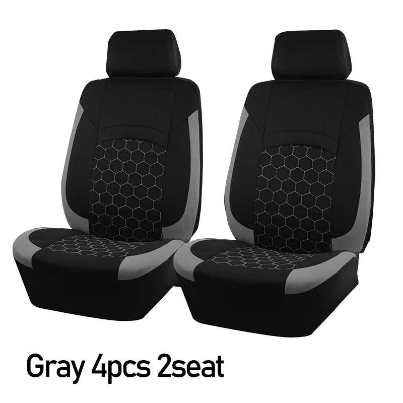 AUTOKING Universal Polyester car seat covers in black and gray fabric with hexagon embroidery and matching headrests