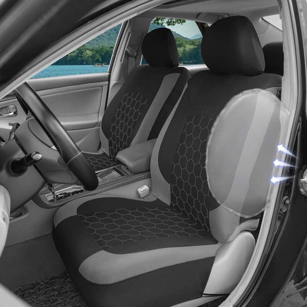 AUTOKING Universal Polyester car seat covers in black and gray fabric, featuring hexagon embroidery and contrasting panels