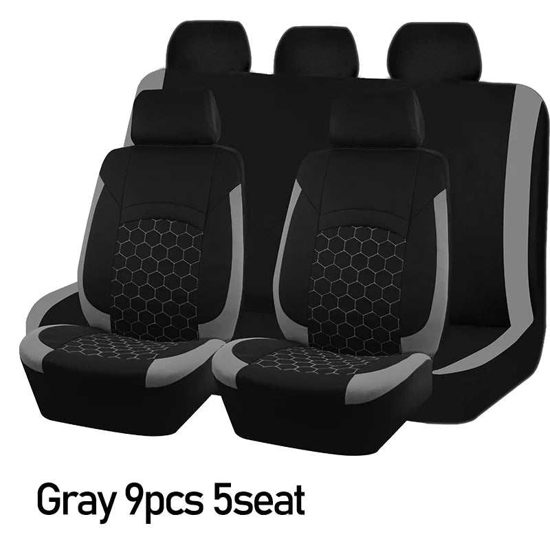 AUTOKING Universal Polyester car seat cover set in black with gray side panels and hexagon-patterned center inserts