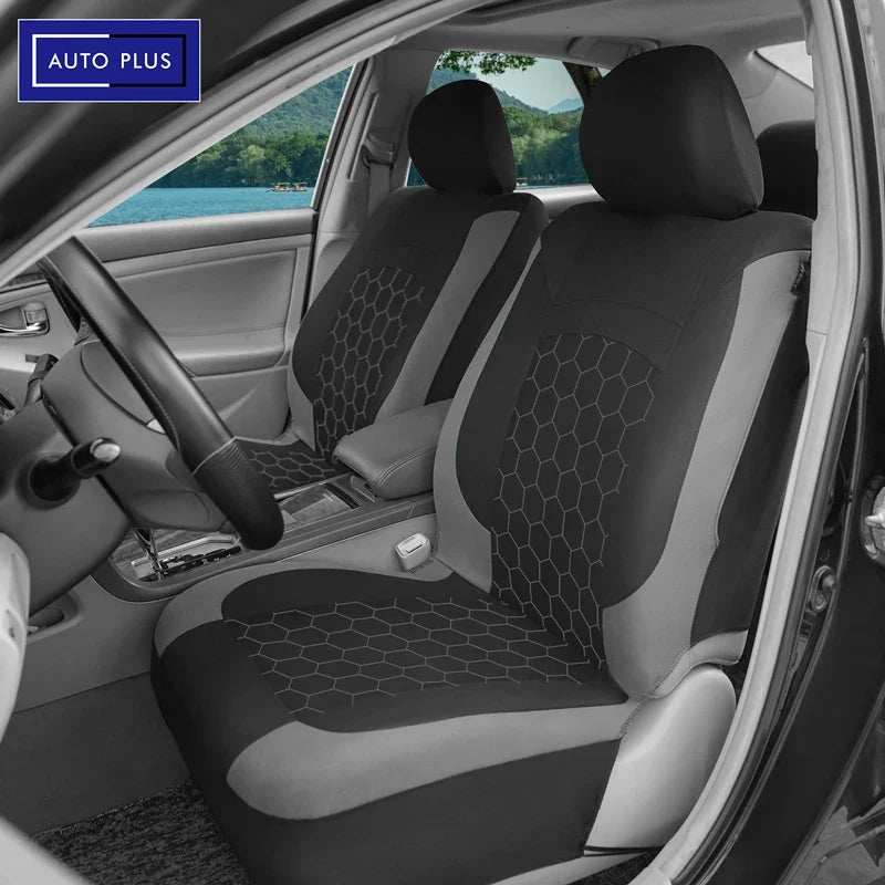 AUTOKING Universal Polyester car seat covers in black and gray, with hexagon-patterned center panels and fitted front seats