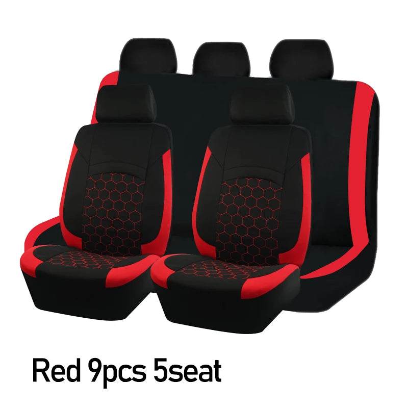 AUTOKING Universal Polyester car seat cover set in black and red with red hexagon embroidery and contrasting side panels