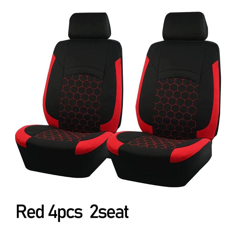 AUTOKING Universal Polyester car seat covers in black and red, with red hexagon embroidery and sporty side panels.