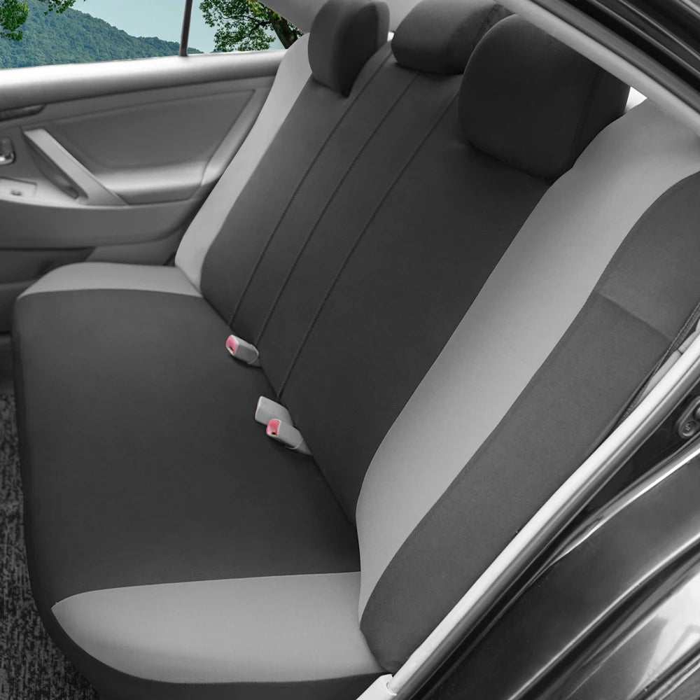 AUTOKING Universal Polyester rear seat cover in charcoal and light gray fabric with smooth panels and matching headrest covers