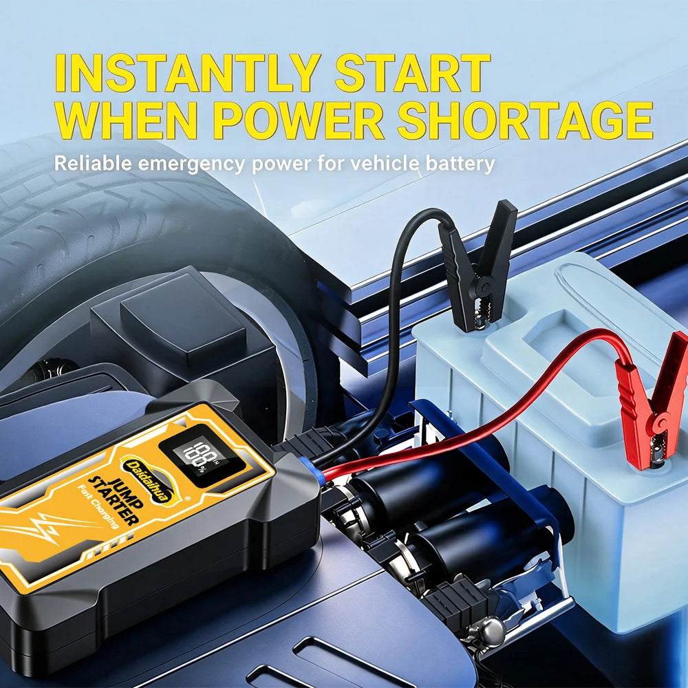 Car Jump Starter 12V with a black and yellow compact battery pack, digital display, and red and black jumper clamps