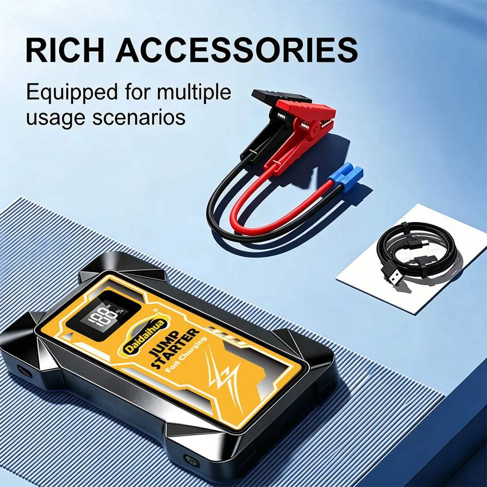 Car Jump Starter 12V black and yellow portable battery booster with digital display, red and black clamps, and cable