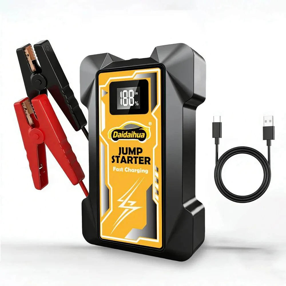 Car Jump Starter 12V black and yellow portable booster with a digital display, red and black clamps, and USB cable