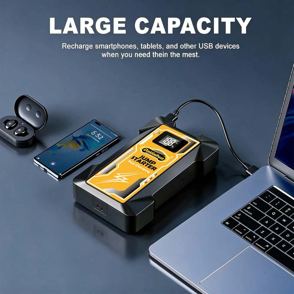Car Jump Starter 12V with a black body, yellow control panel, digital display and USB cable charging devices