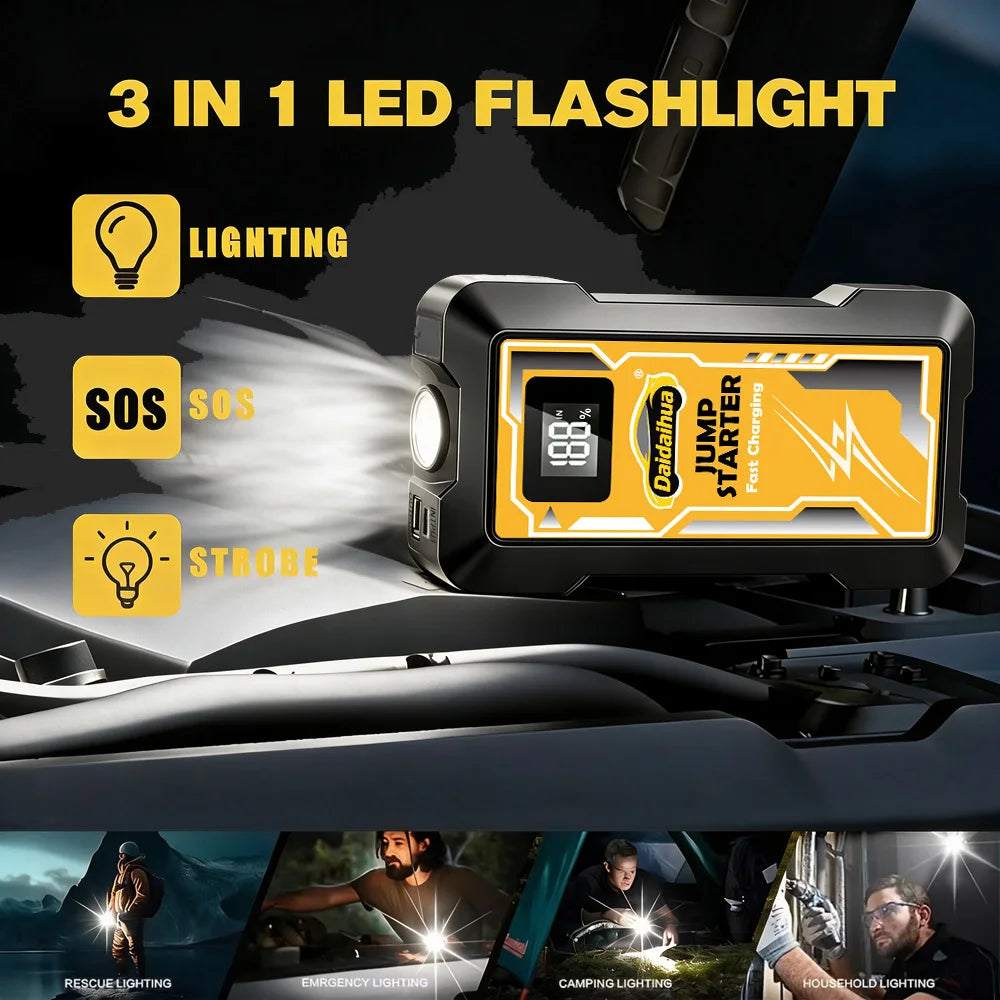 Car Jump Starter 12V with a black and yellow rectangular case, digital display, and built-in LED flashlight with SOS and strobe modes