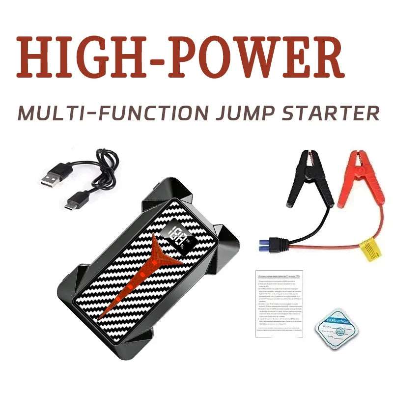 Car Jump Starter 8000A with a black chevron-patterned body, red arrow detail, USB cable, and red and black clamps