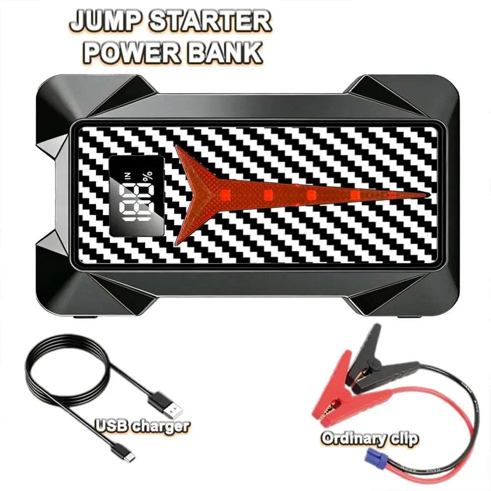 Car Jump Starter 8000A with a black rugged rectangular casing, patterned face, digital display, USB cable and red-black clamps.