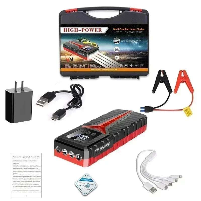Car Jump Starter 8000A in a black and red ridged casing, shown with booster clamps, cables, charger and hard case