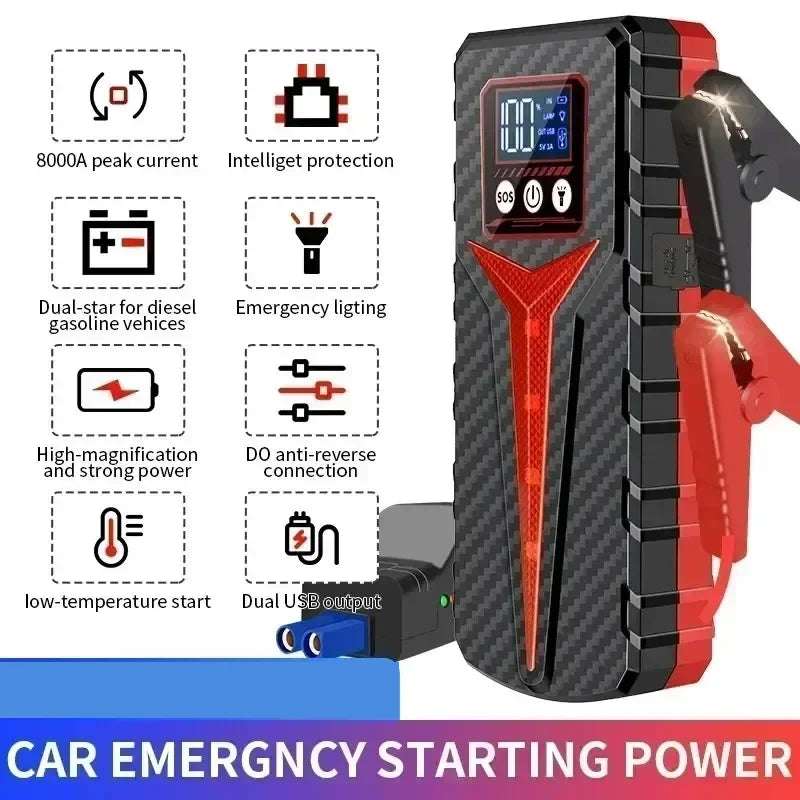 Car Jump Starter 8000A in black carbon-pattern casing with red accents, digital display, flashlight and red-black clamps