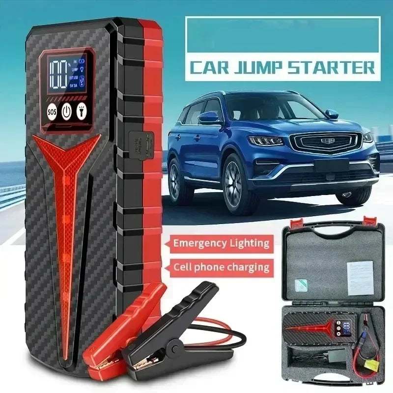 Car Jump Starter 8000A with a black carbon-pattern body, red accents, digital display, jumper clamps and carry case