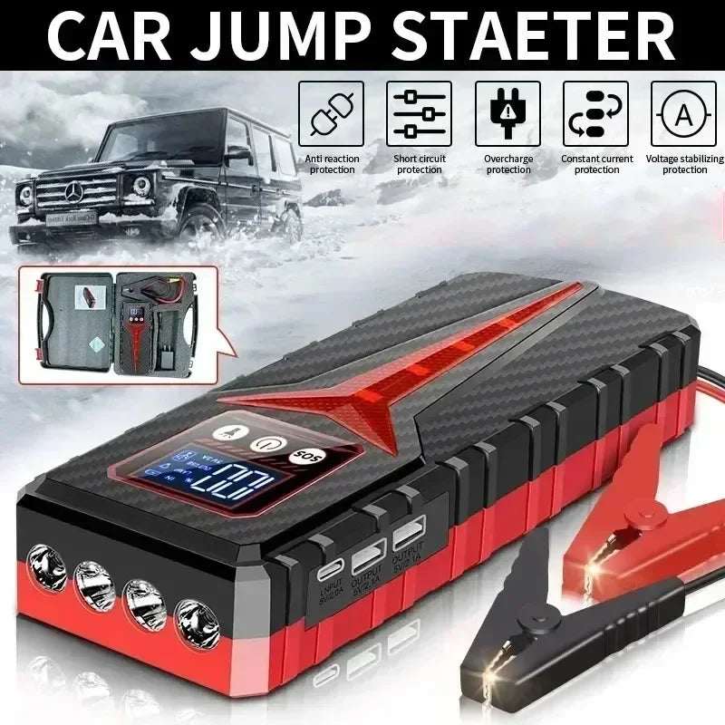 Car Jump Starter 8000A in a rugged black and red case, with digital display, LED light strip and jumper clamps