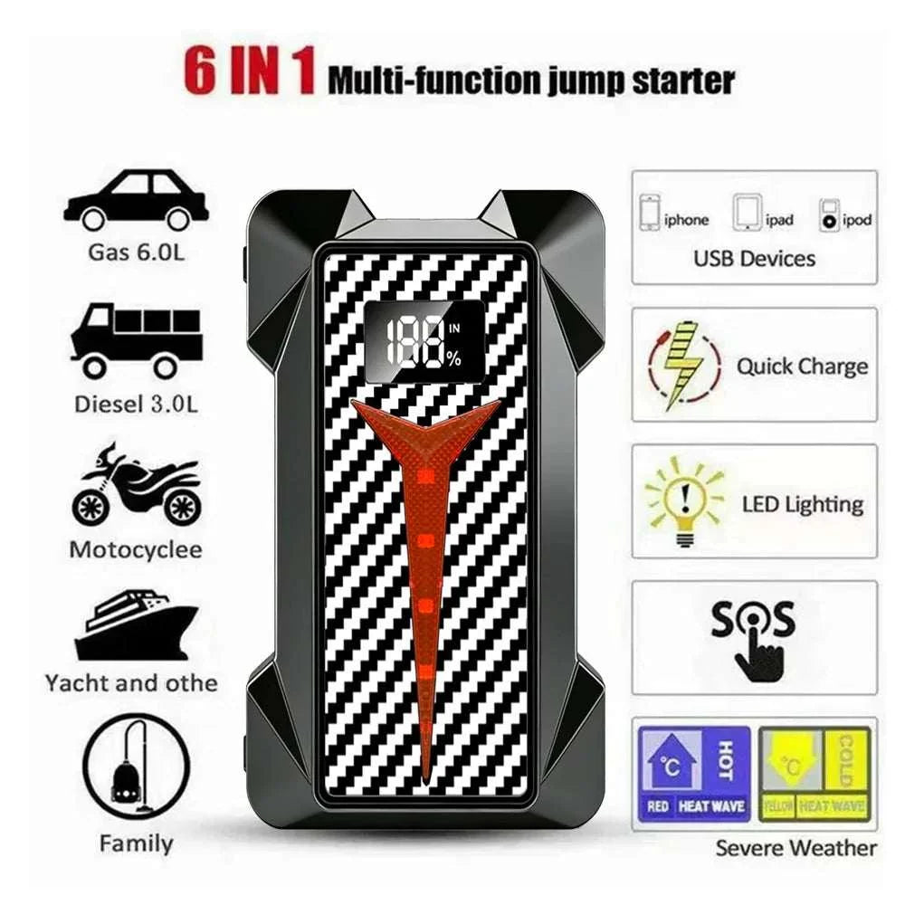 Car Jump Starter 8000A with black and silver housing, patterned display, red clamp graphic and USB, LED and SOS features