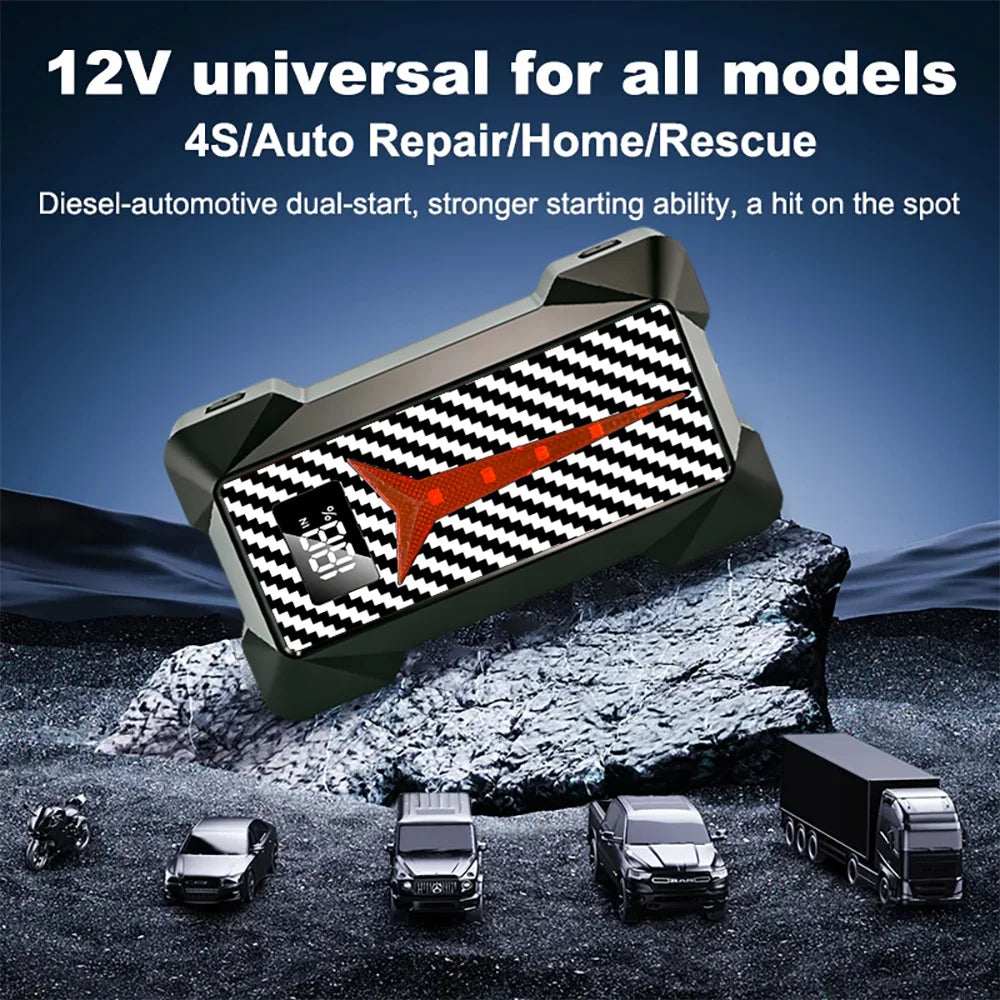 Car Jump Starter 8000A in a rugged black case with a black-and-white carbon-fiber pattern and red accent