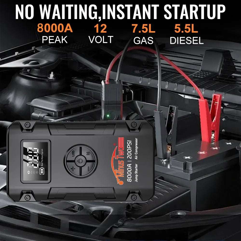 Car Jump Starter & Air Compressor Combo in black, with a digital display, round control pad, and red and black battery clamps