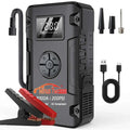 Car Jump Starter & Air Compressor Combo with a black rectangular unit, digital display, air hose, and red and black clamps