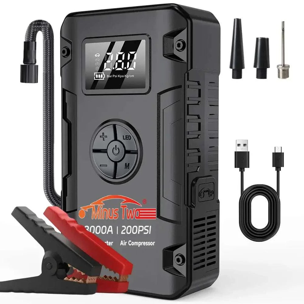 Car Jump Starter & Air Compressor Combo with a black rectangular unit, digital display, air hose, and red and black clamps