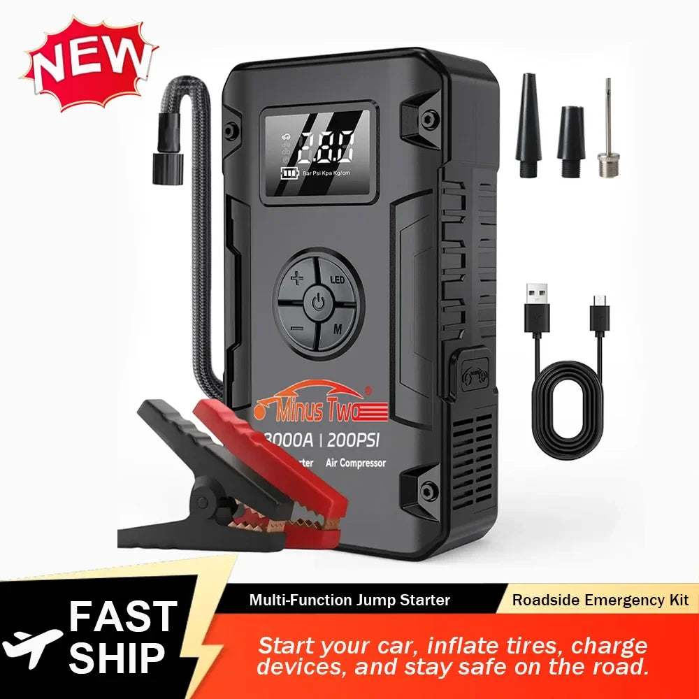 Car Jump Starter & Air Compressor Combo in a black rugged case with digital display, air hose, clamps and charging cable