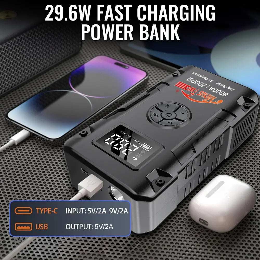 Car Jump Starter & Air Compressor Combo black rectangular power bank with digital display, control buttons and USB ports
