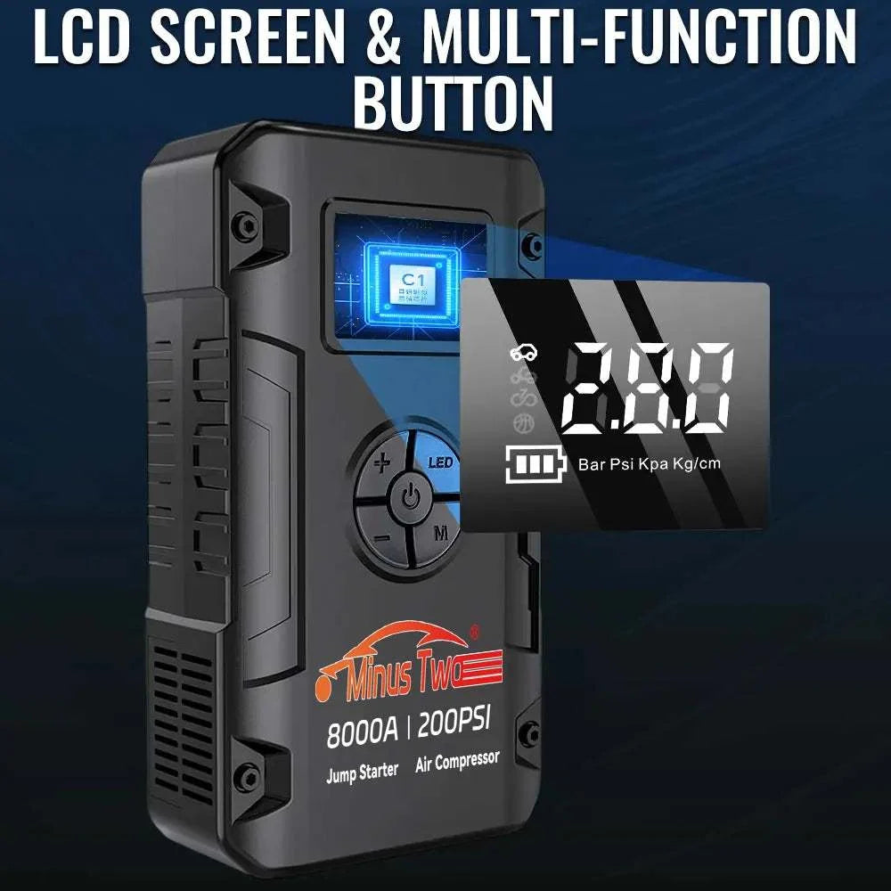 Car Jump Starter & Air Compressor Combo with a black rugged case, blue LCD screen, round controls and digital pressure display.