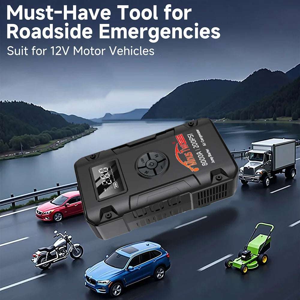 Car Jump Starter & Air Compressor Combo, black rectangular power unit with display, buttons and red accents