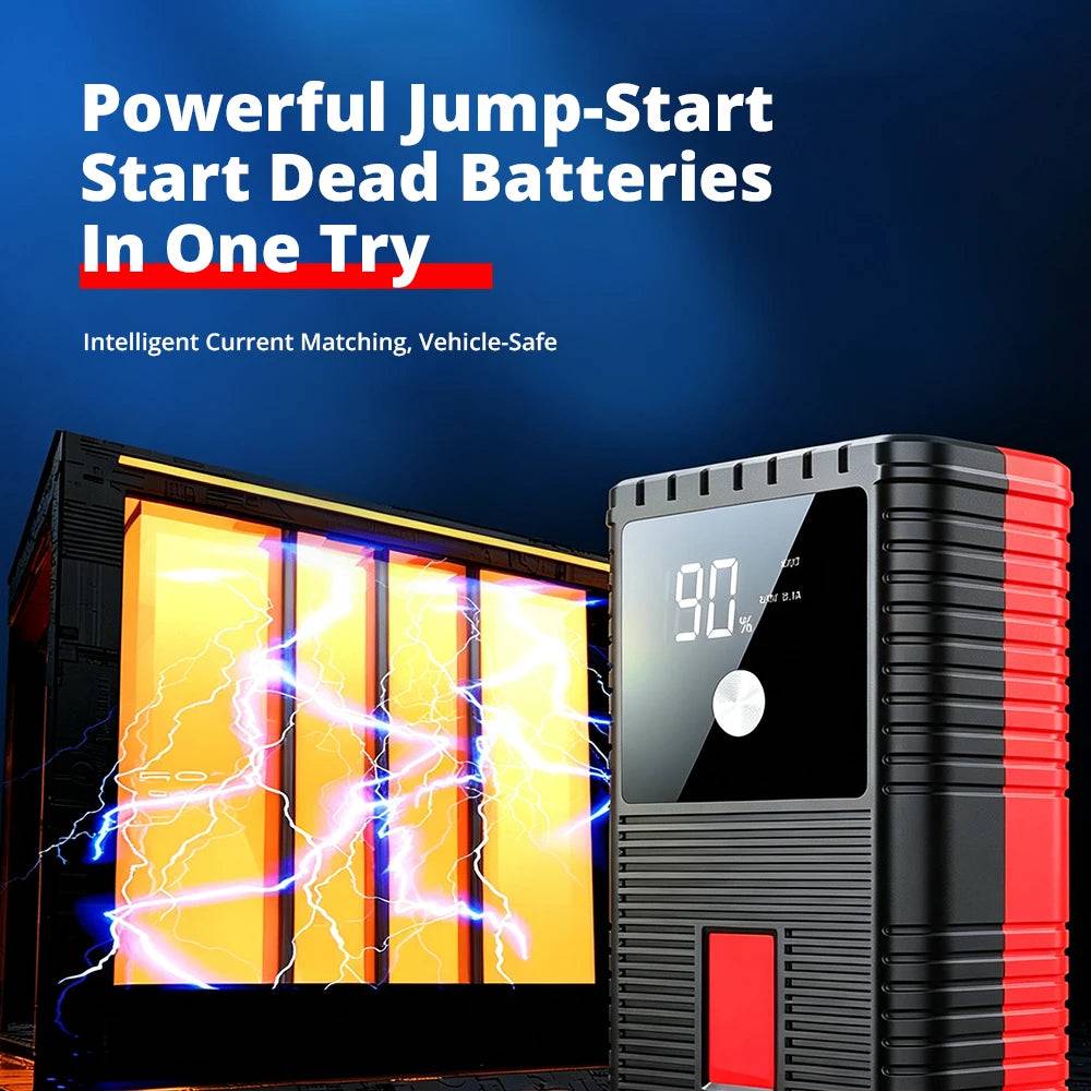 Car Jump Starter Power Bank in black and red ribbed casing with a digital battery display and circular control