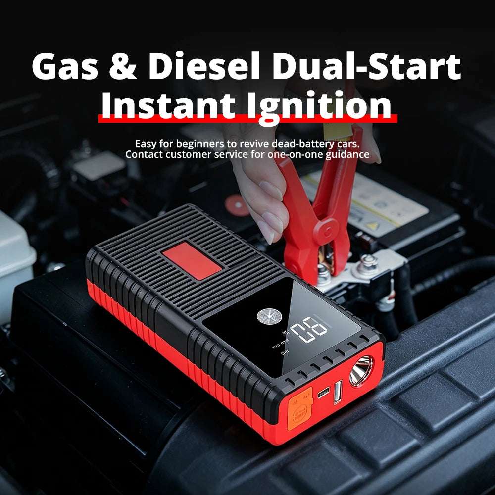 Car Jump Starter Power Bank in black and red with ribbed casing, digital display, and attached red battery clamp