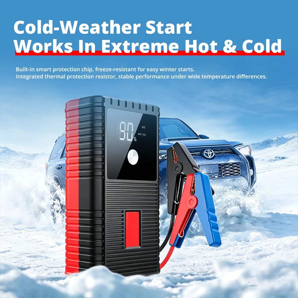 Car Jump Starter Power Bank with a black ribbed casing, red side panels, digital display, and red and blue clamps