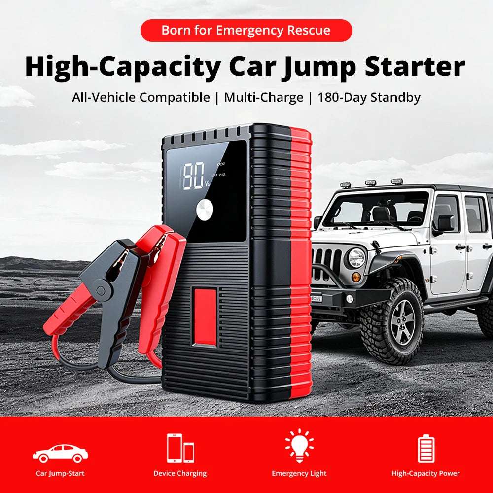Car Jump Starter Power Bank in black with red trim, digital display, red and black clamps, shown beside a white off-road vehicle