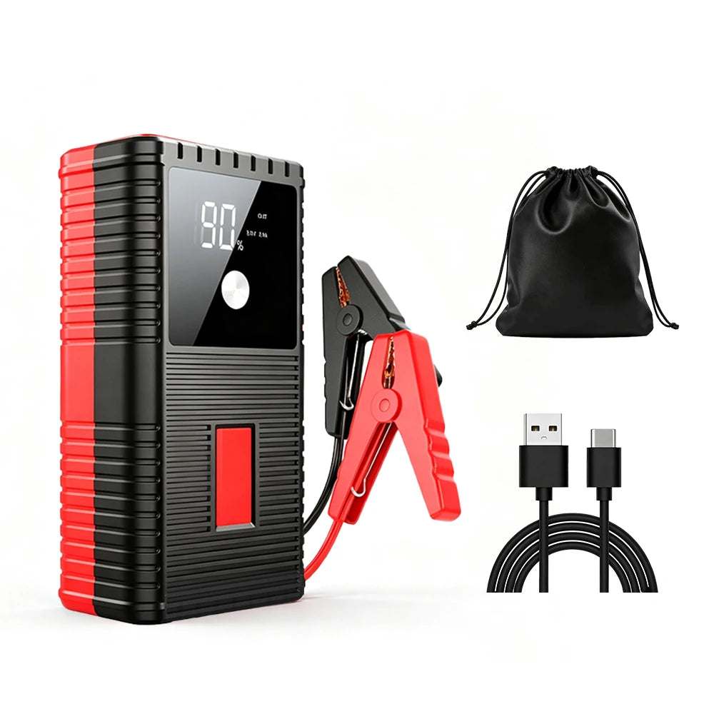 Car Jump Starter Power Bank in black with red accents, digital display, red and black clamps, pouch and USB cable